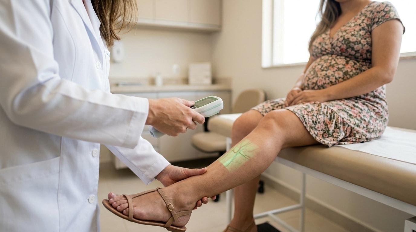 Médica examina a perna de gestante sentada na maca com aparelho de luz que projeta as veias na pele